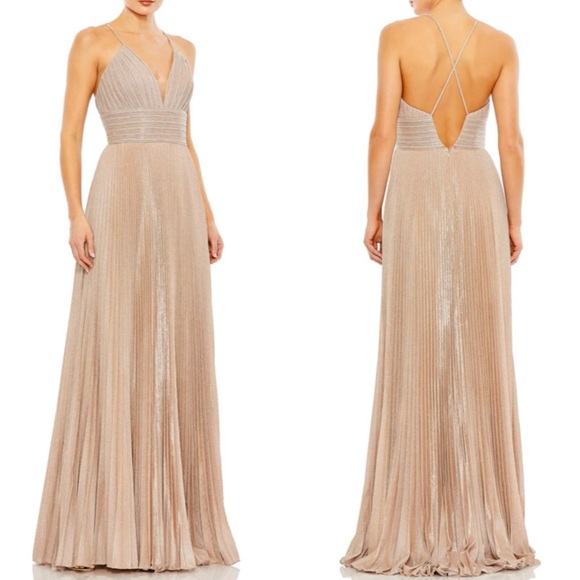 Mac Duggal SHIMMER PLEATED V NECK GOWN Rose Gold Size 20